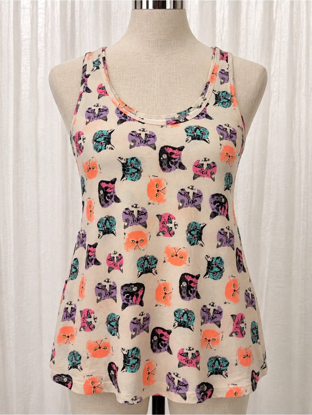 No Boundaries Cream Tank Top with Multicolor Cat Faces